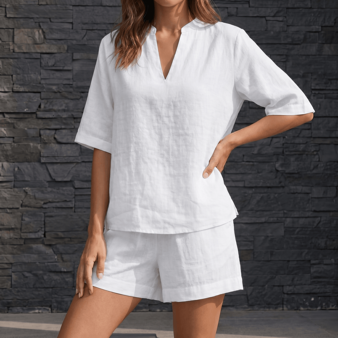 Veluna – Women's Breezy V-Neck Summer Set White /