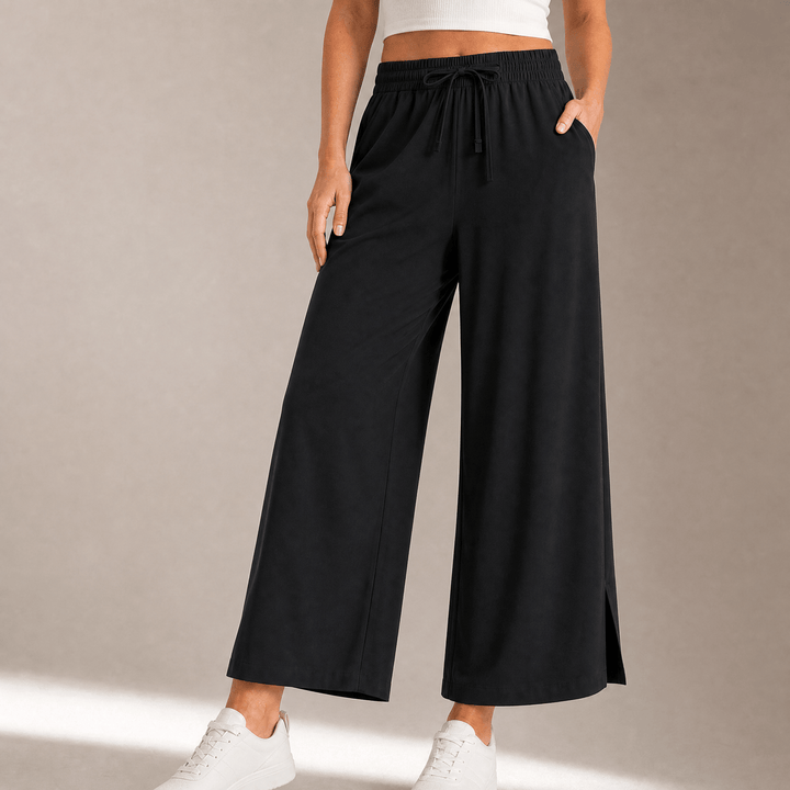 Veluna – Women's Effortless Wide-Leg Crop Pants Black