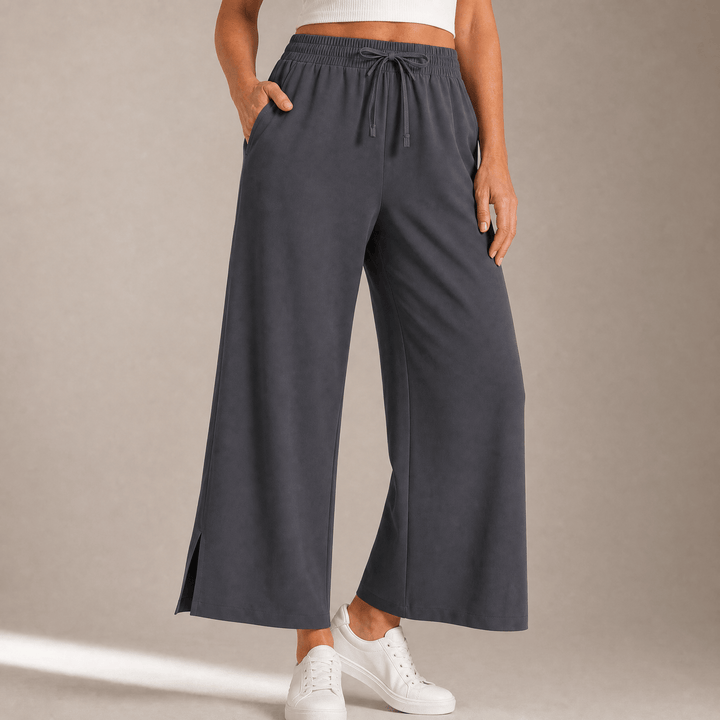 Veluna – Women's Effortless Wide-Leg Crop Pants Dark Gray