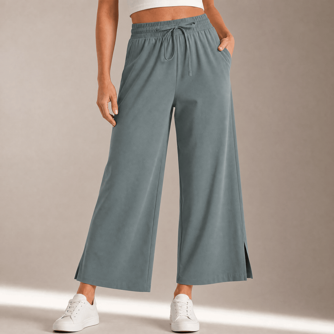 Veluna – Women's Effortless Wide-Leg Crop Pants Gray Green