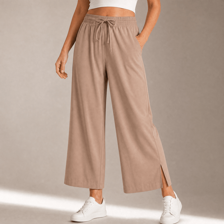 Veluna – Women's Effortless Wide-Leg Crop Pants Khaki