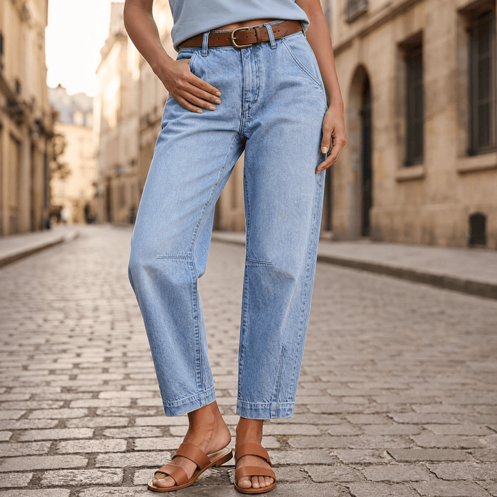 Veluna – Women's High-Waist Barrel-Leg Cropped Jeans Light Vintage Wash