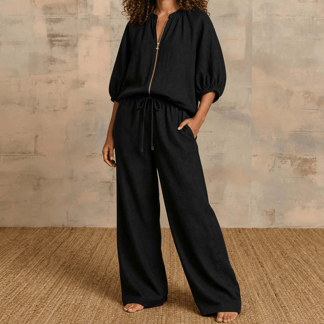 Veluna – Women's Linen Two-Piece Set with Gold Zip Black / S