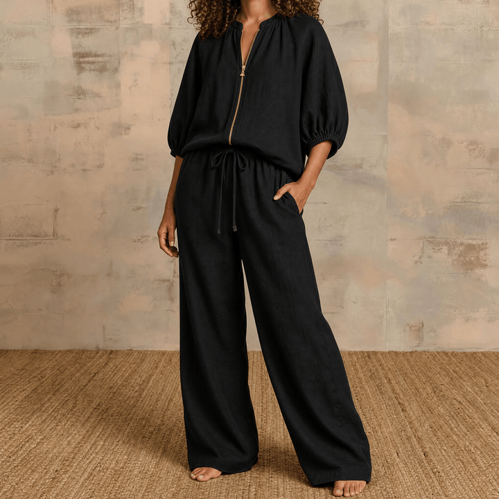 Veluna – Women's Linen Two-Piece Set with Gold Zip Black / S