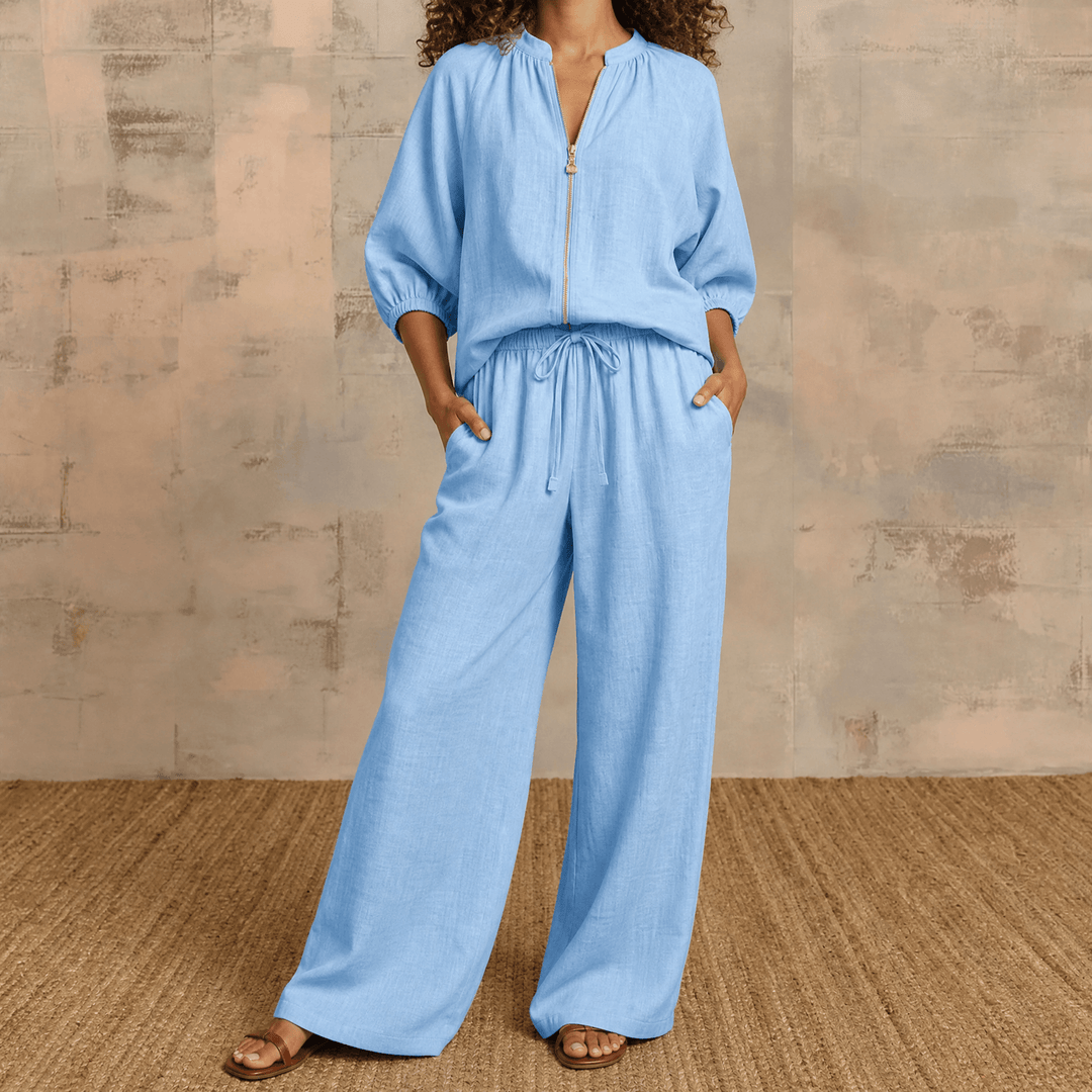 Veluna – Women's Linen Two-Piece Set with Gold Zip Blue / S