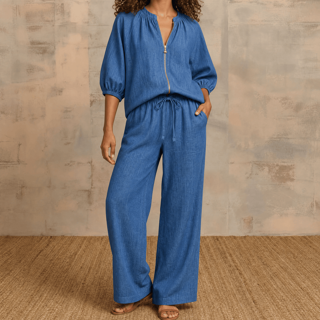 Veluna – Women's Linen Two-Piece Set with Gold Zip Dark blue / S