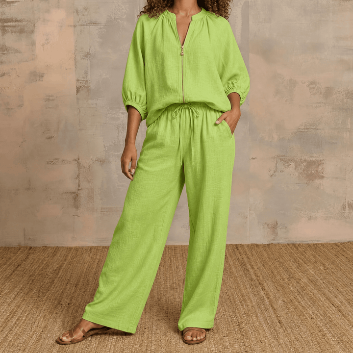 Veluna – Women's Linen Two-Piece Set with Gold Zip Green / S