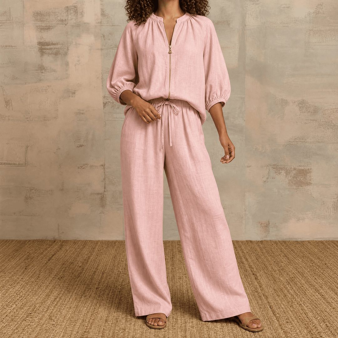 Veluna – Women's Linen Two-Piece Set with Gold Zip Pink / S