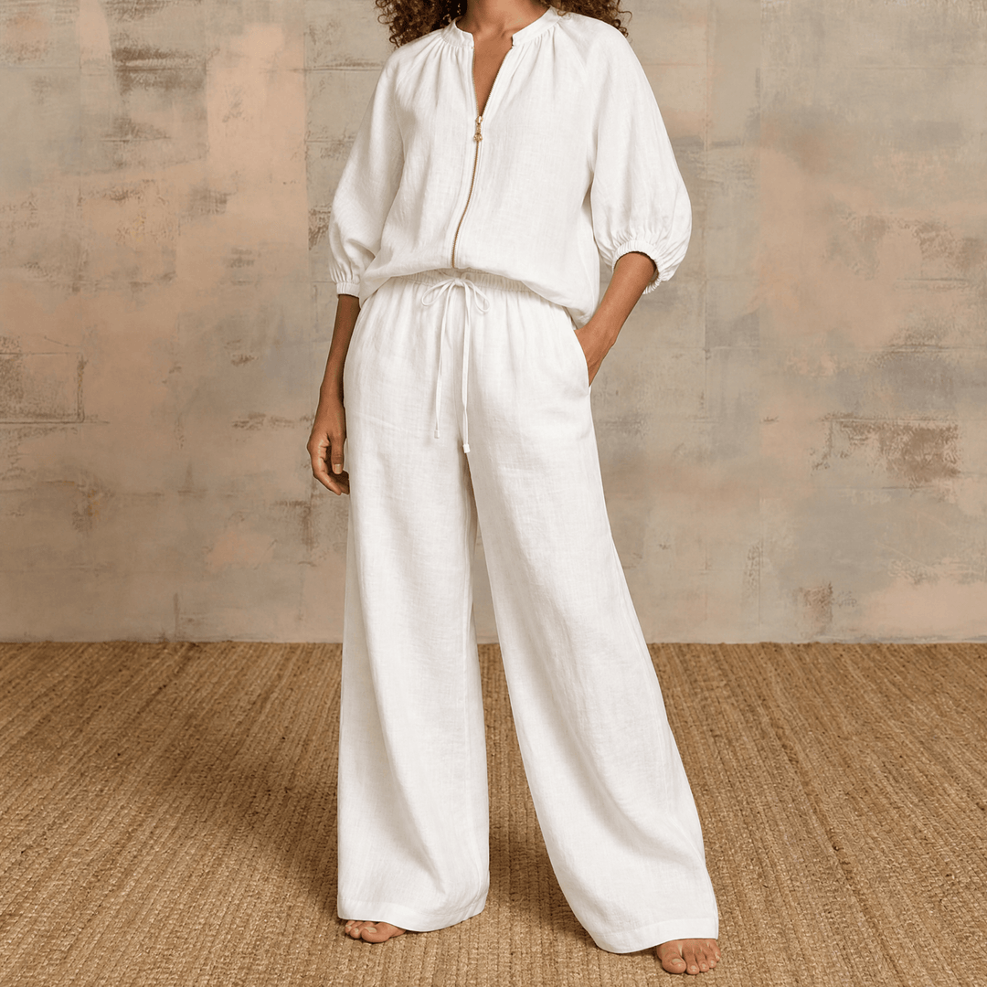 Veluna – Women's Linen Two-Piece Set with Gold Zip White / S