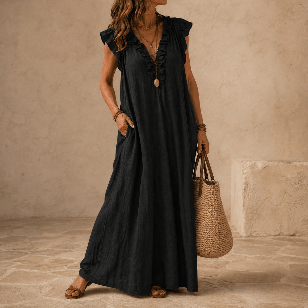 Veluna – Women's Ruffle-V Midi Dress with Pockets Black