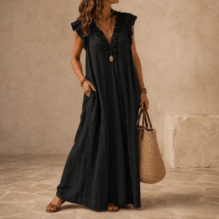 Veluna – Women's Ruffle-V Midi Dress with Pockets Black