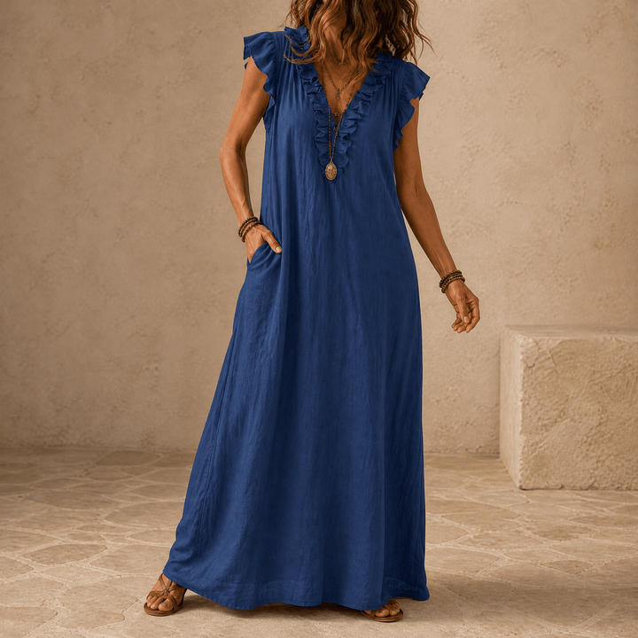 Veluna – Women's Ruffle-V Midi Dress with Pockets Navy