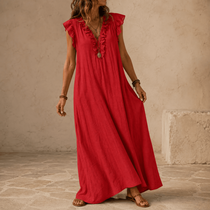 Veluna – Women's Ruffle-V Midi Dress with Pockets Red