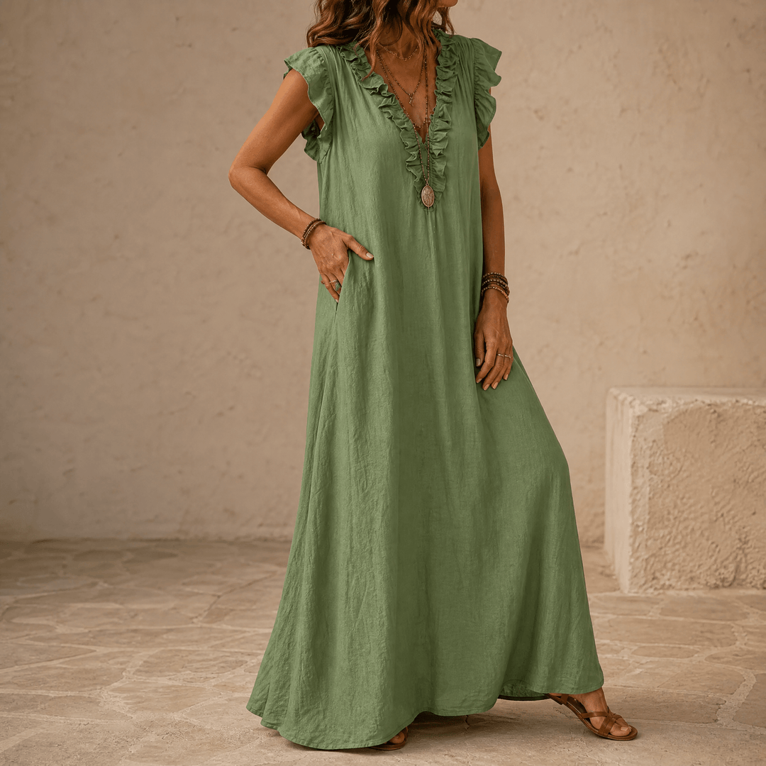 Veluna – Women's Ruffle-V Midi Dress with Pockets Sage Olive