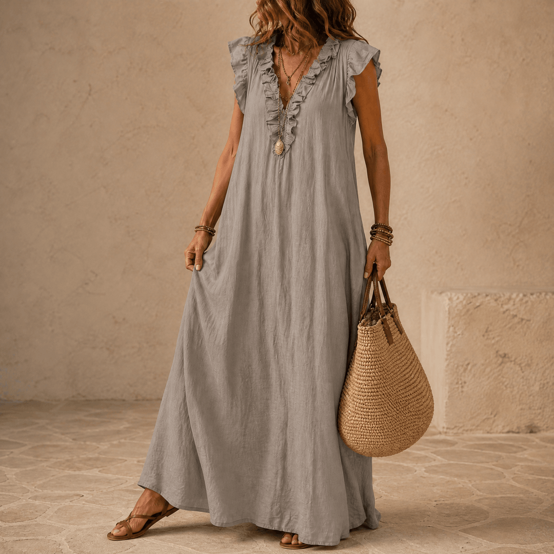 Veluna – Women's Ruffle-V Midi Dress with Pockets Taupe Stone