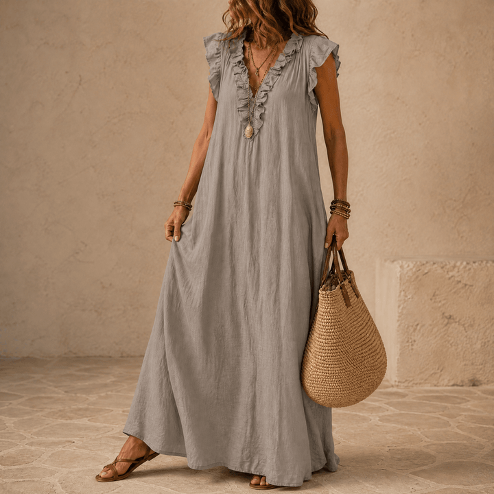 Veluna – Women's Ruffle-V Midi Dress with Pockets Taupe Stone