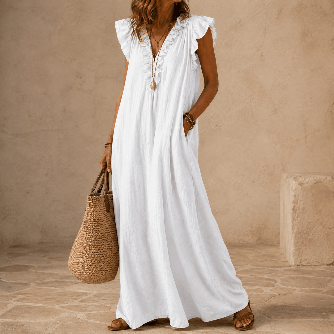 Veluna – Women's Ruffle-V Midi Dress with Pockets White