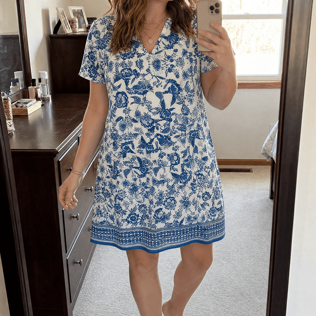 Veluna – Women's V-Neck Floral Dress with Pockets Blue Paisley
