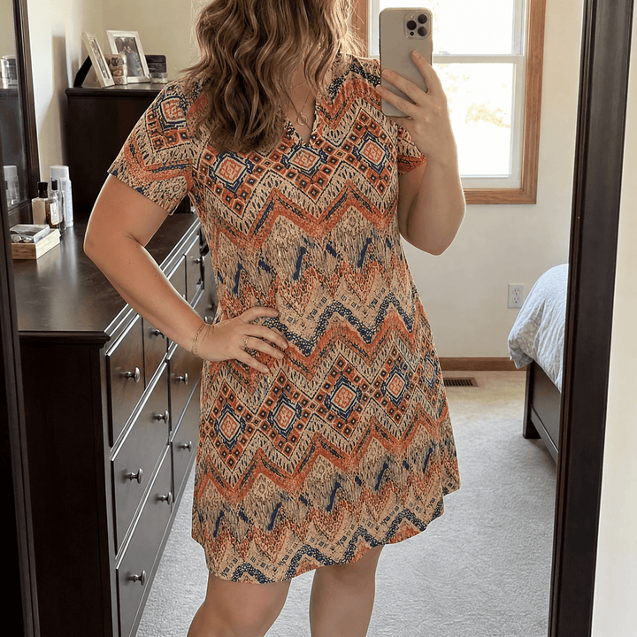 Veluna – Women's V-Neck Floral Dress with Pockets Boho Geo