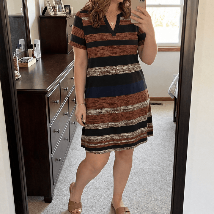 Veluna – Women's V-Neck Floral Dress with Pockets Brown Stripe