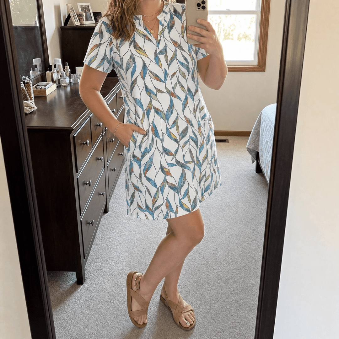 Veluna – Women's V-Neck Floral Dress with Pockets Leaf Print