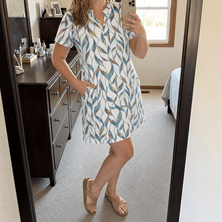 Veluna – Women's V-Neck Floral Dress with Pockets Leaf Print