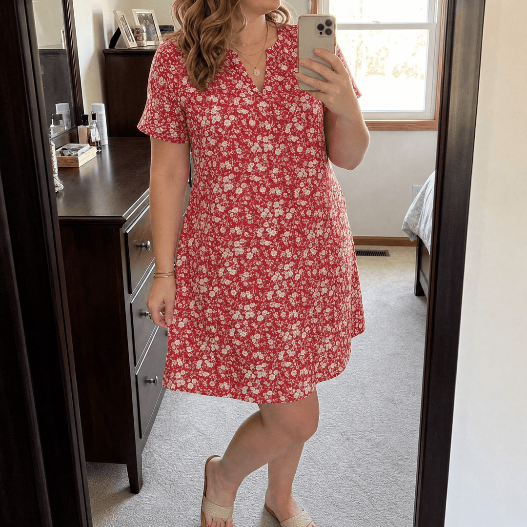Veluna – Women's V-Neck Floral Dress with Pockets Red Ditsy Floral