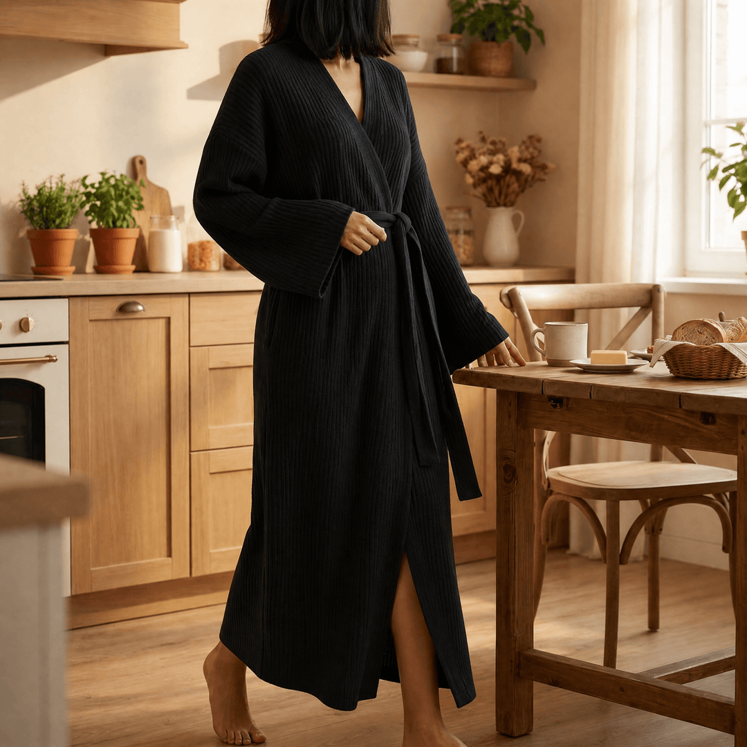 Velunna – Full-Length Semi-Velvet Wrap Robe for Women Black