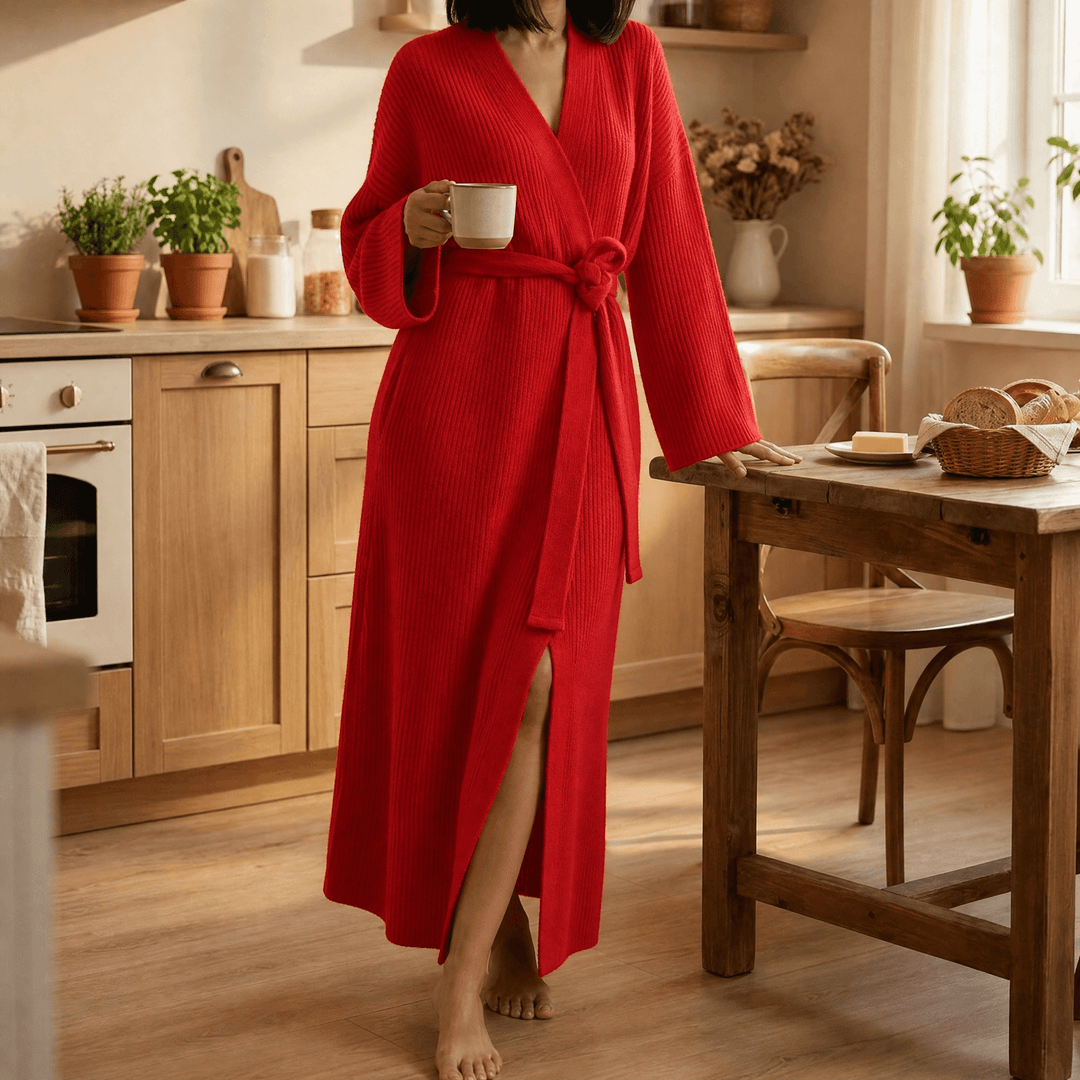 Velunna – Full-Length Semi-Velvet Wrap Robe for Women Red
