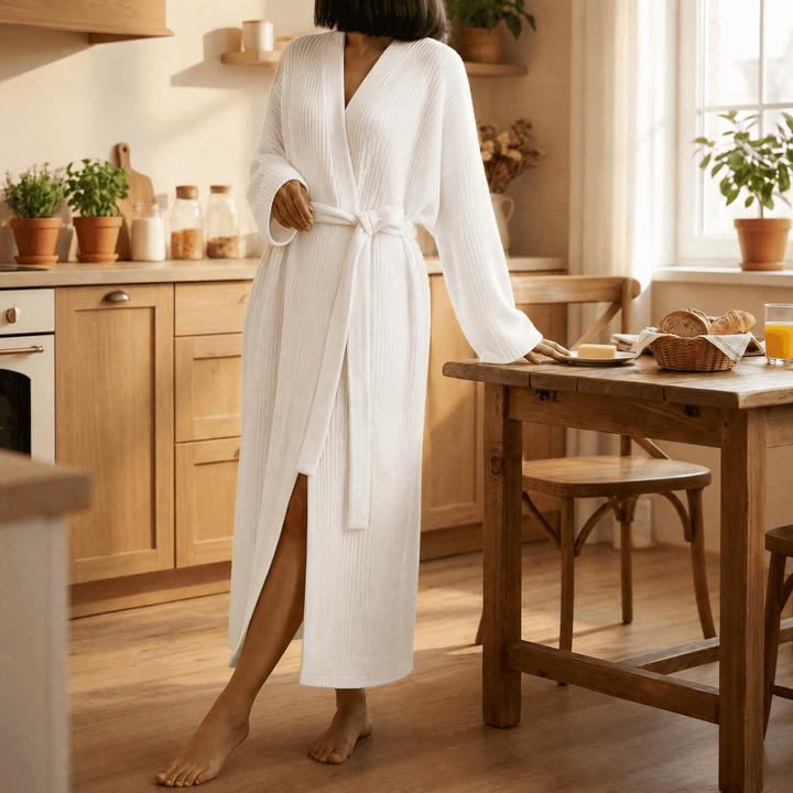 Velunna – Full-Length Semi-Velvet Wrap Robe for Women White