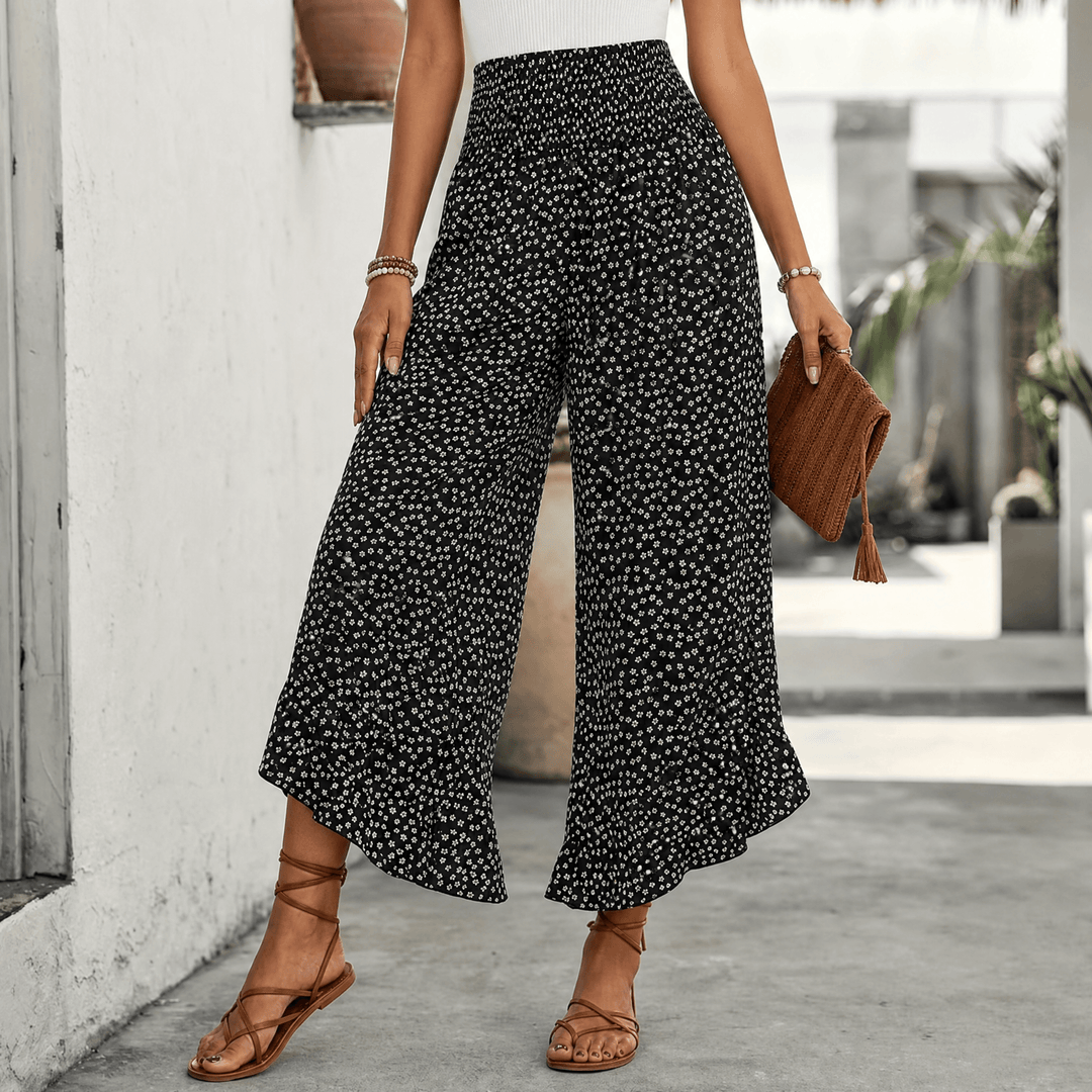 Velura – Smocked Wide-Leg Ruffle Pants Black