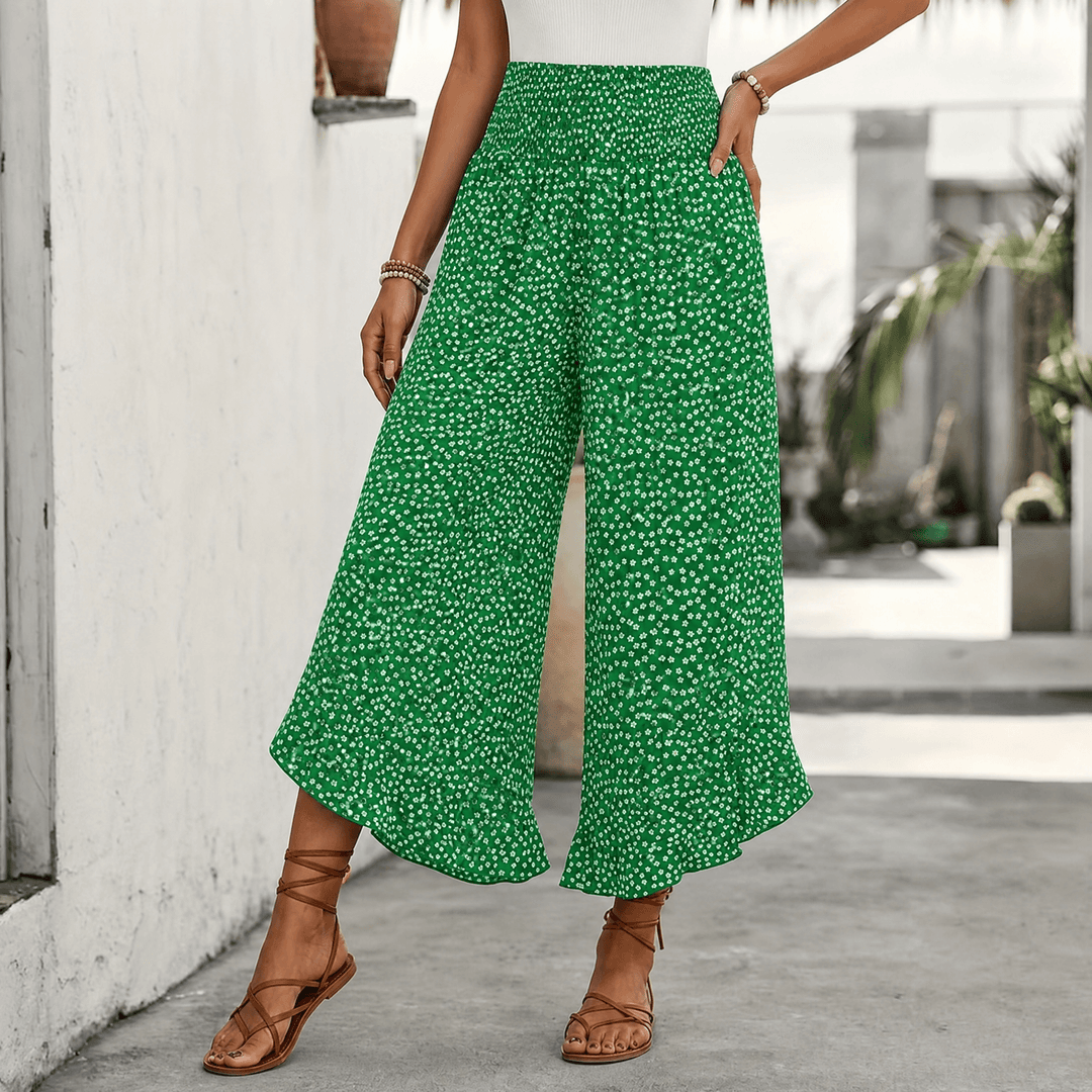 Velura – Smocked Wide-Leg Ruffle Pants Green