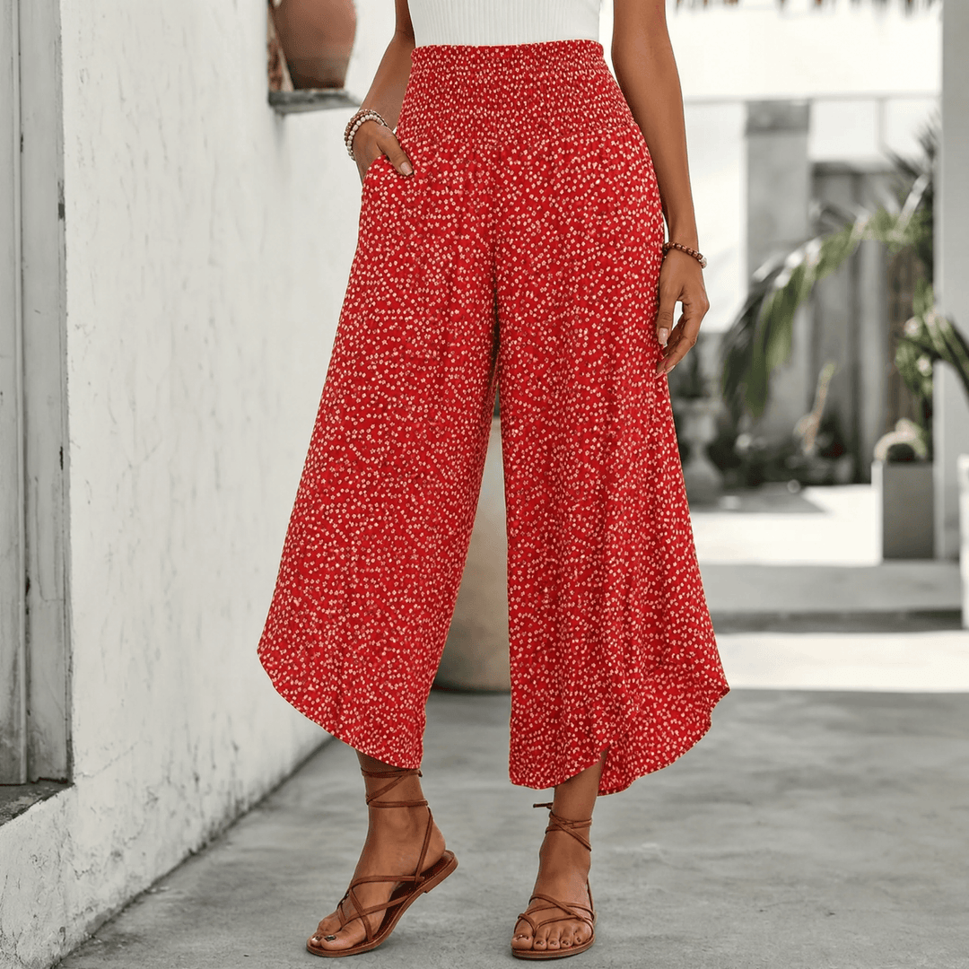 Velura – Smocked Wide-Leg Ruffle Pants Red