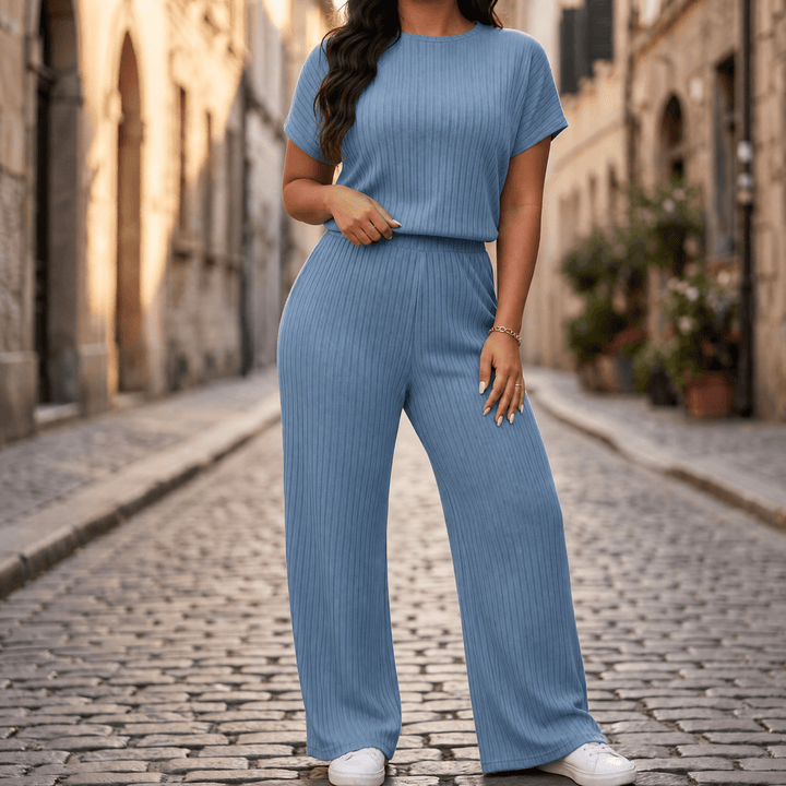 Velura – Women's Soft Ribbed Wide-Leg Set Dusty Blue / S