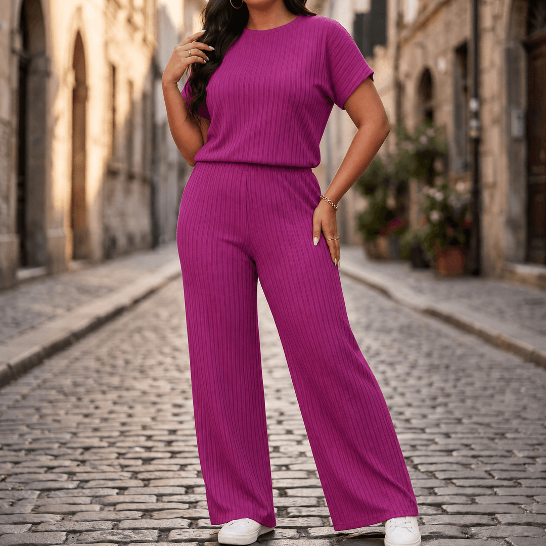 Velura – Women's Soft Ribbed Wide-Leg Set Rose Red / S