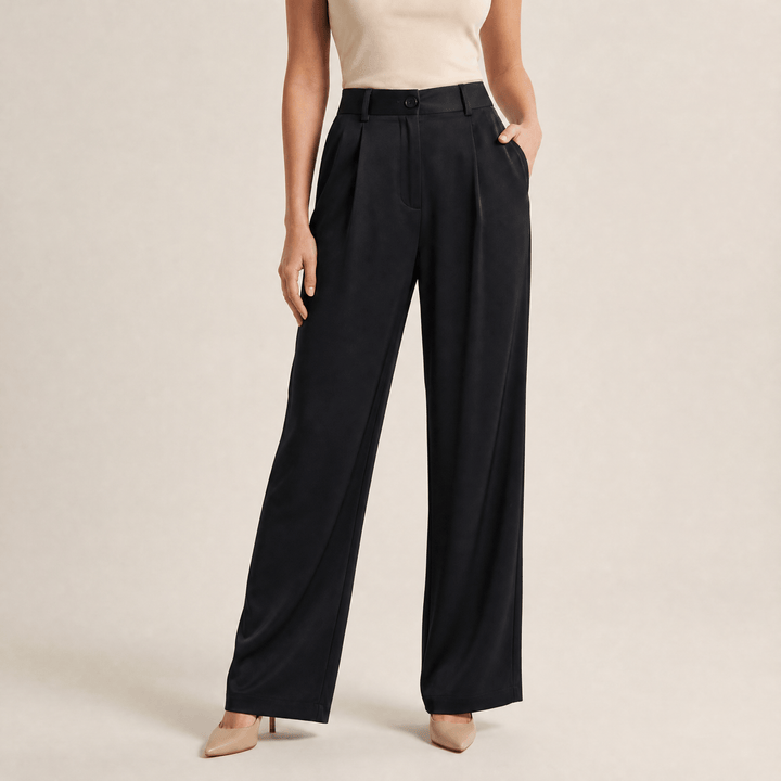 Velura - Women's Wide Leg Acetate Satin Trousers Black