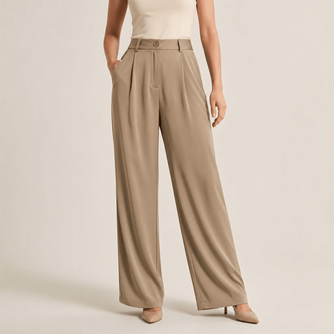 Velura - Women's Wide Leg Acetate Satin Trousers Khaki