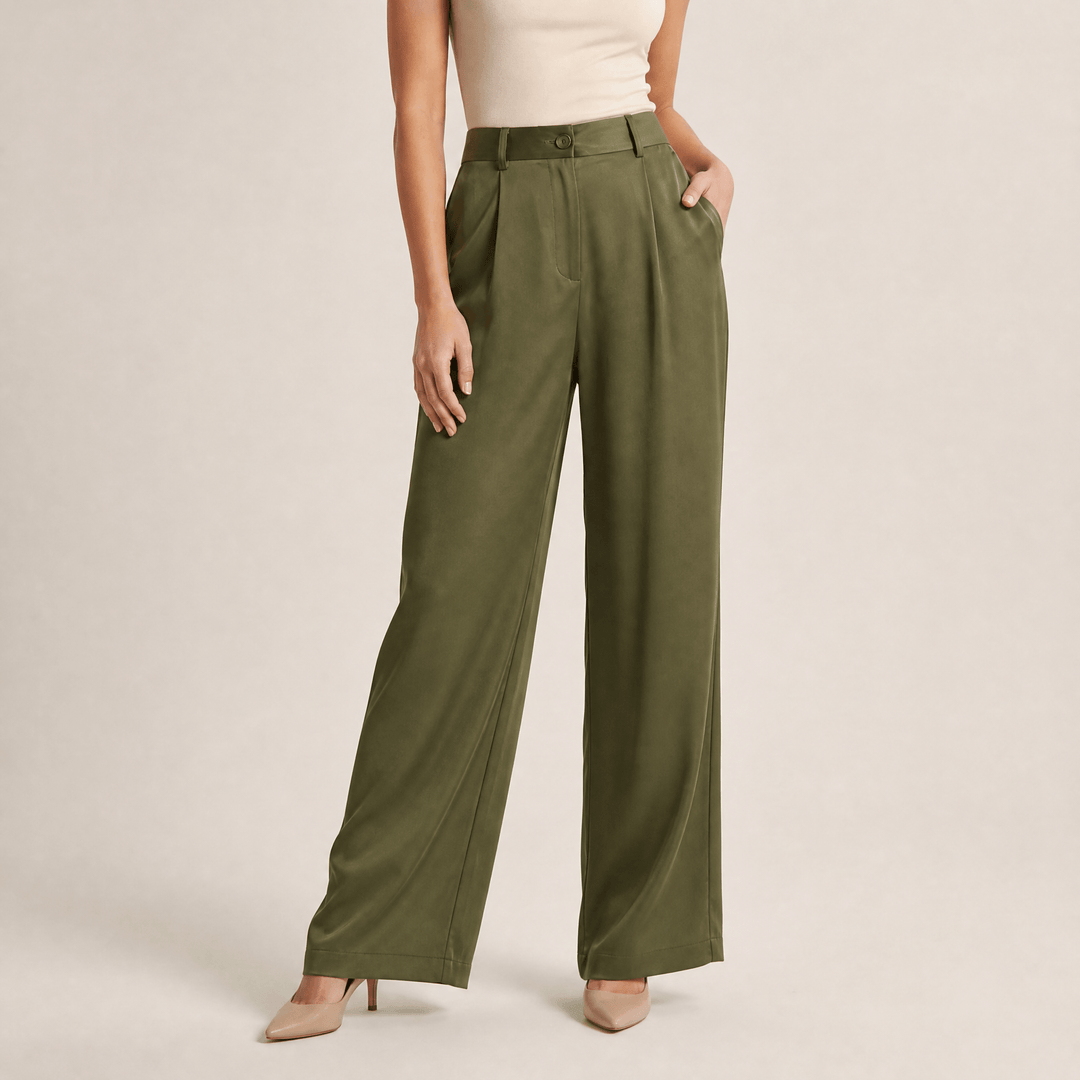 Velura - Women's Wide Leg Acetate Satin Trousers Olive