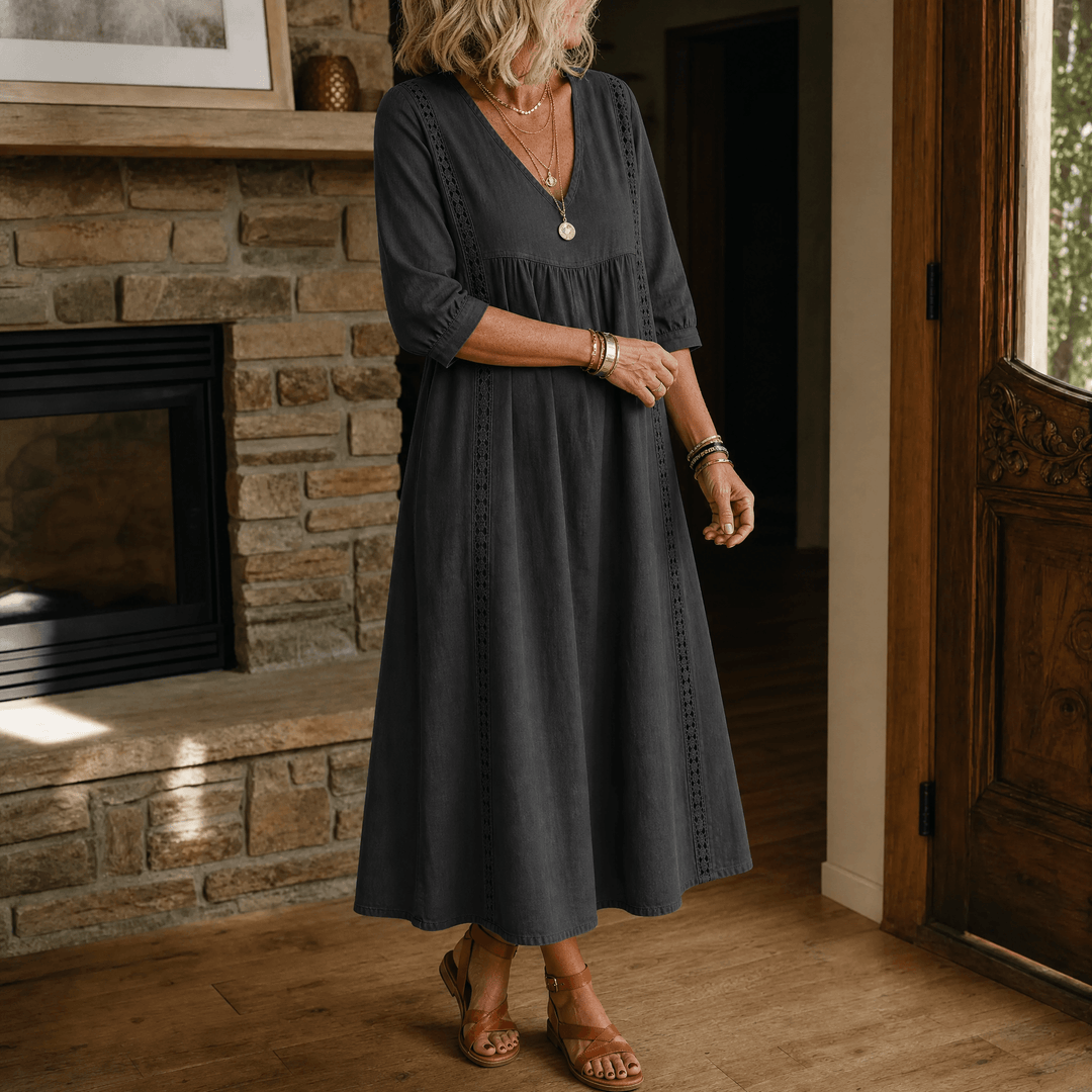 Virella – Women's Relaxed Midi Dress with Pockets Charcoal Black