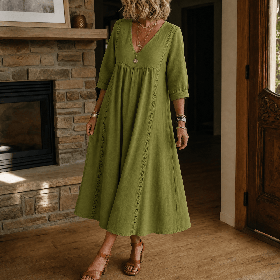 Virella – Women's Relaxed Midi Dress with Pockets Olive Green