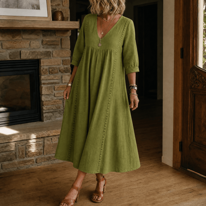 Virella – Women's Relaxed Midi Dress with Pockets Olive Green