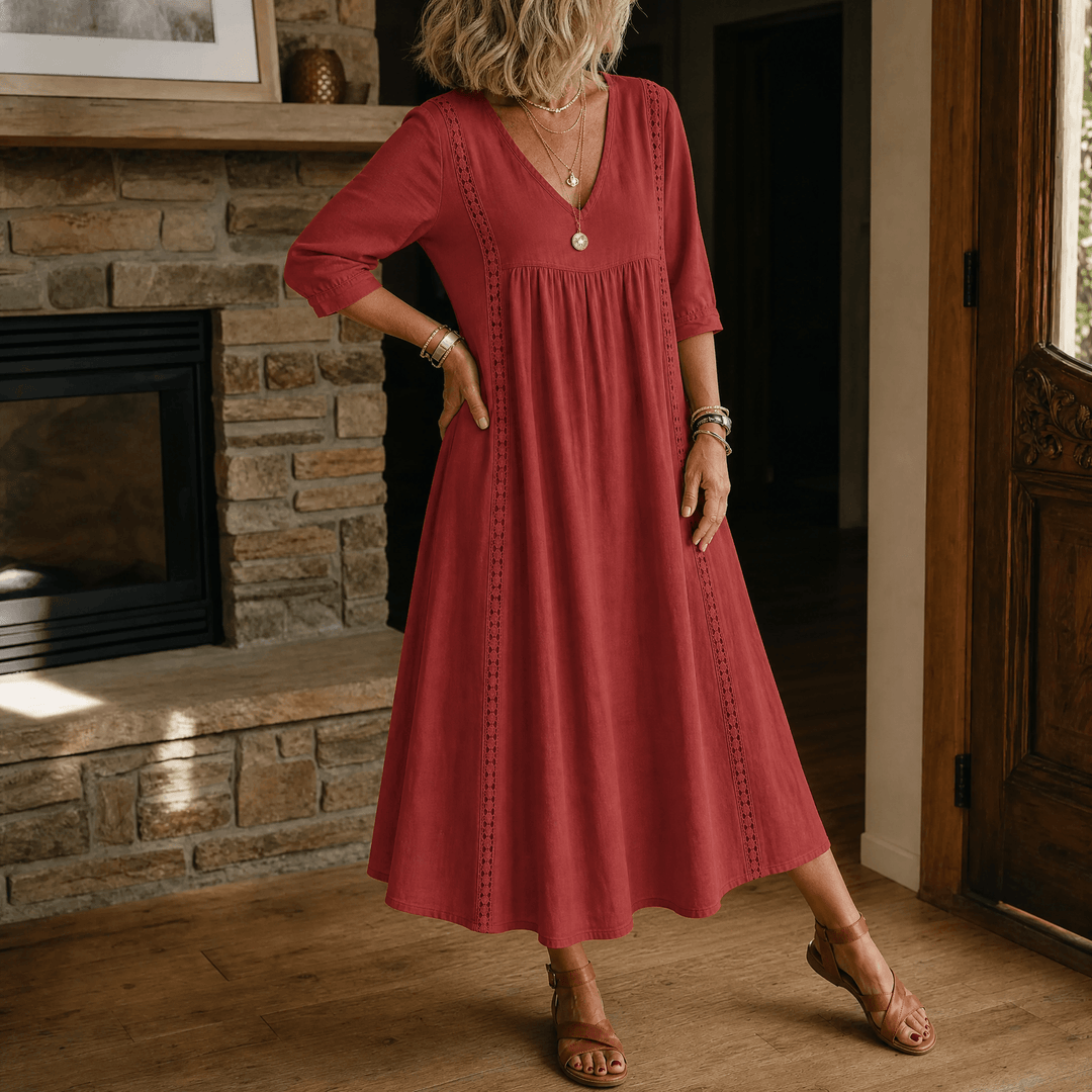 Virella – Women's Relaxed Midi Dress with Pockets Wine Red