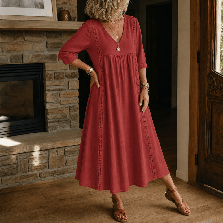 Virella – Women's Relaxed Midi Dress with Pockets Wine Red