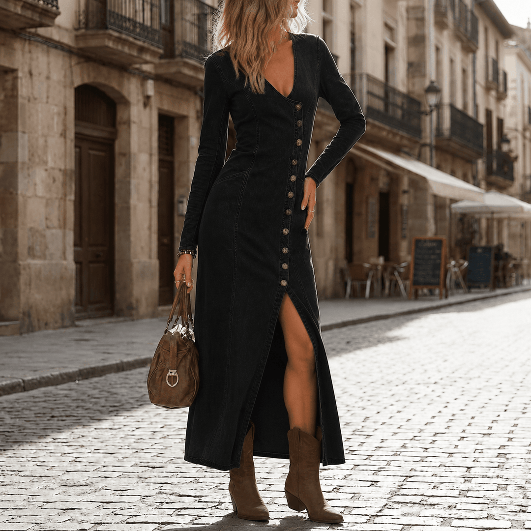 Vivara - Asymmetric Button Slit Maxi Dress Black