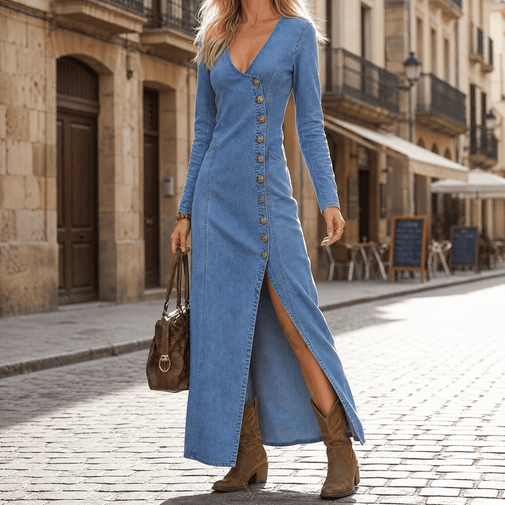 Vivara - Asymmetric Button Slit Maxi Dress blue