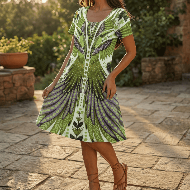 Vivara – Bold Peacock Wingspan Summer Dress Green