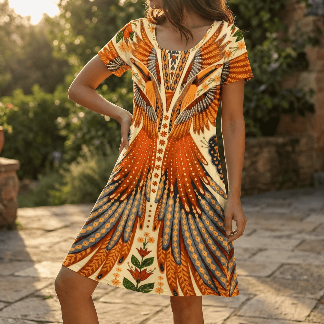 Vivara – Bold Peacock Wingspan Summer Dress Orange
