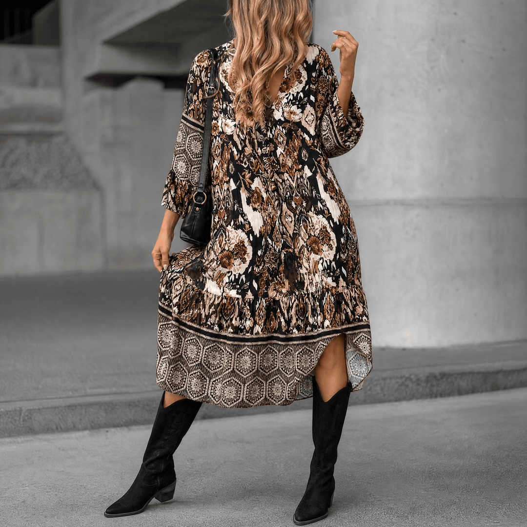 Vivara - Elegant V-Neck Printed Dress Floral