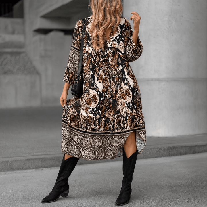 Vivara - Elegant V-Neck Printed Dress Floral
