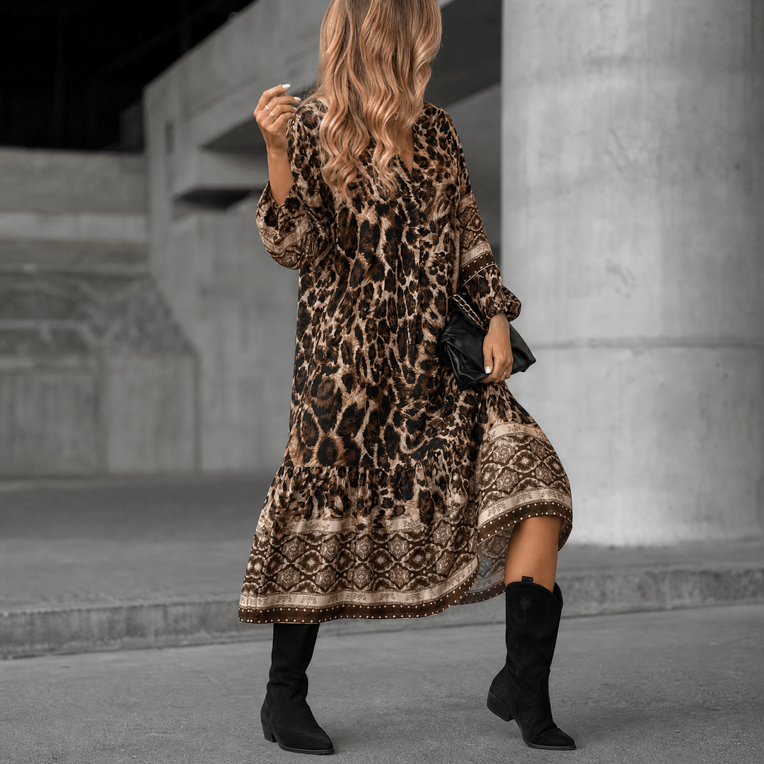 Vivara - Elegant V-Neck Printed Dress Leopard